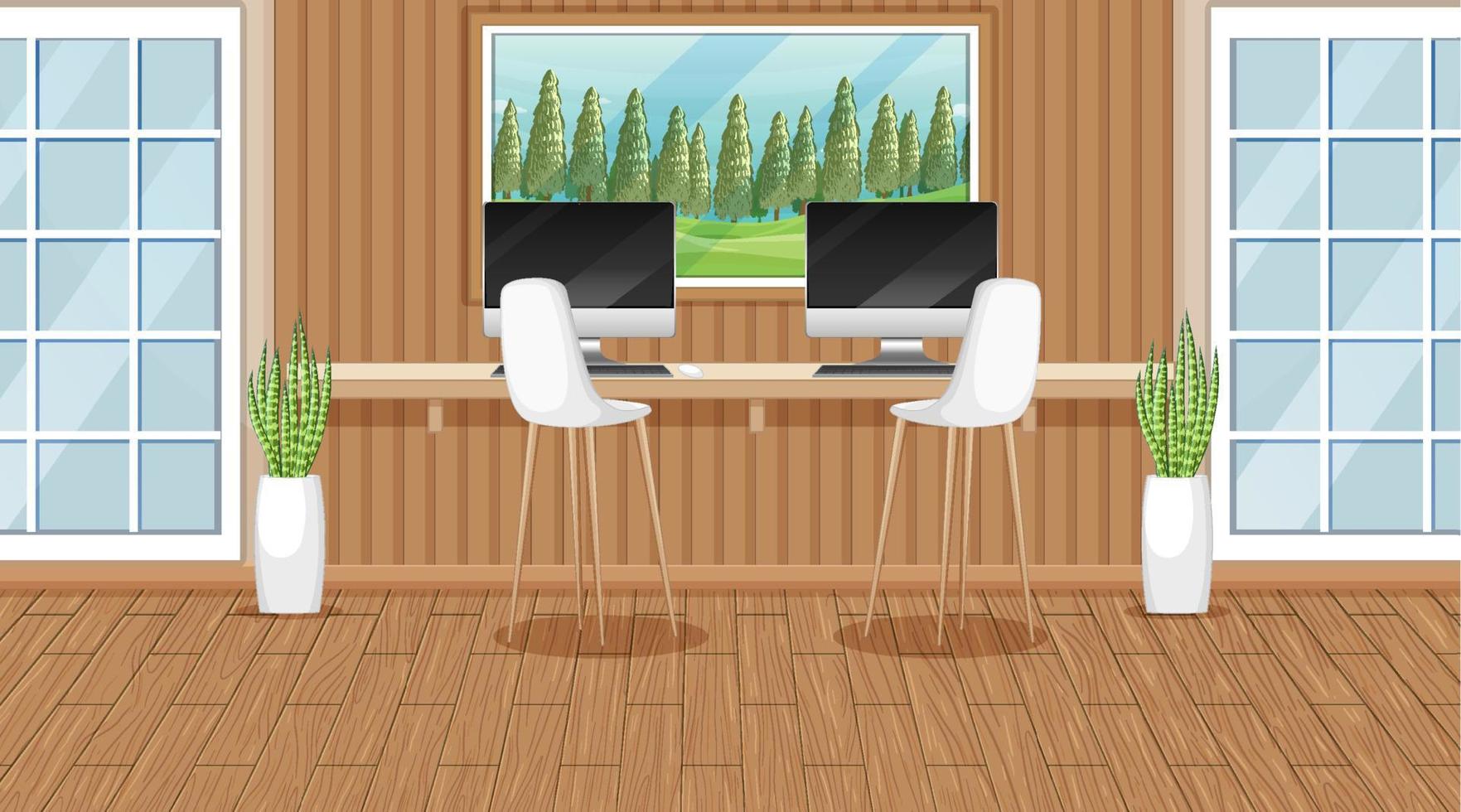 Escena de la sala de trabajo con dos computadoras sobre la mesa. vector