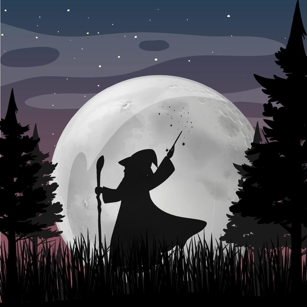 Halloween night background with wizard silhouette vector