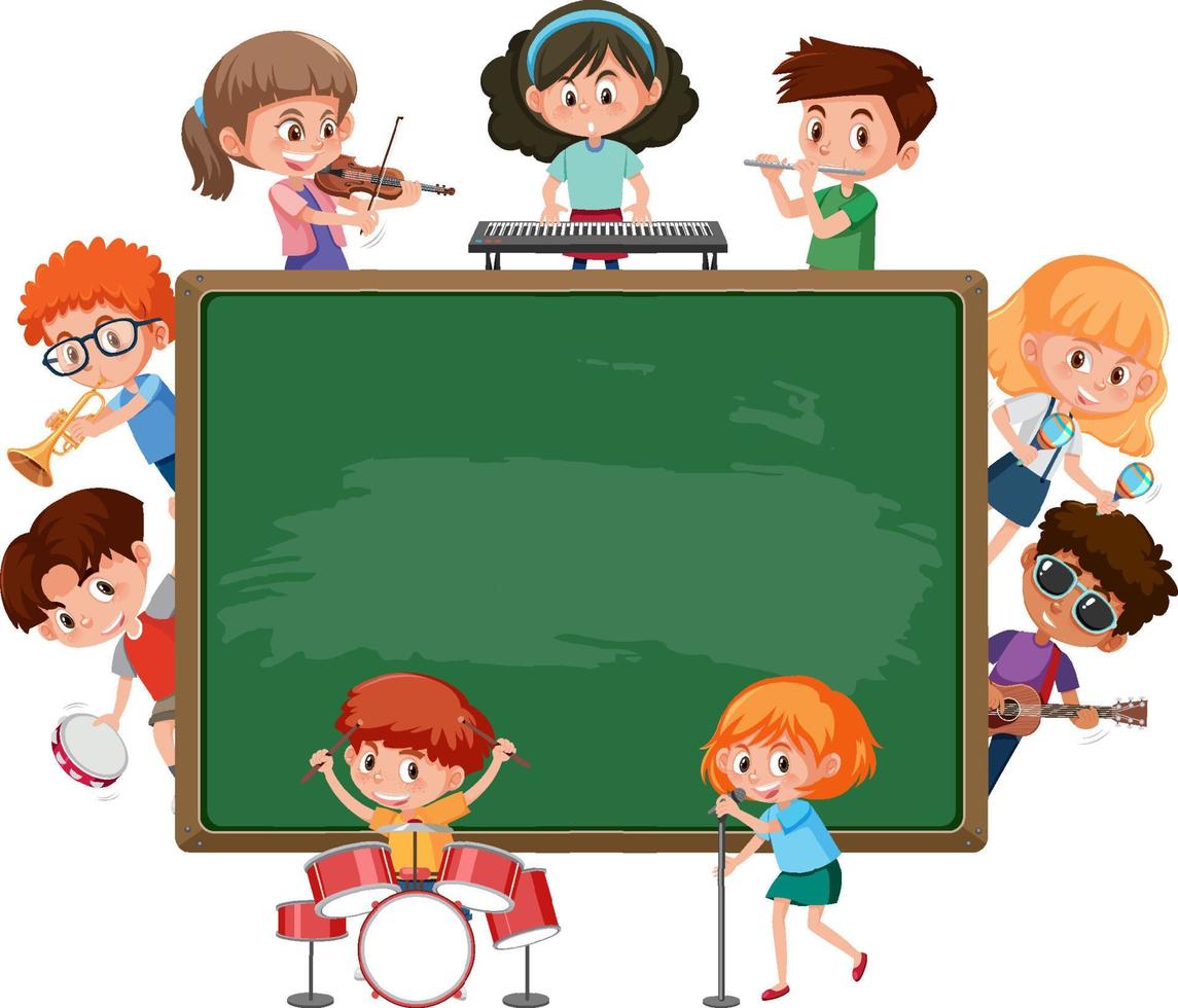 Empty blackboard with kids playing different musical instruments vector