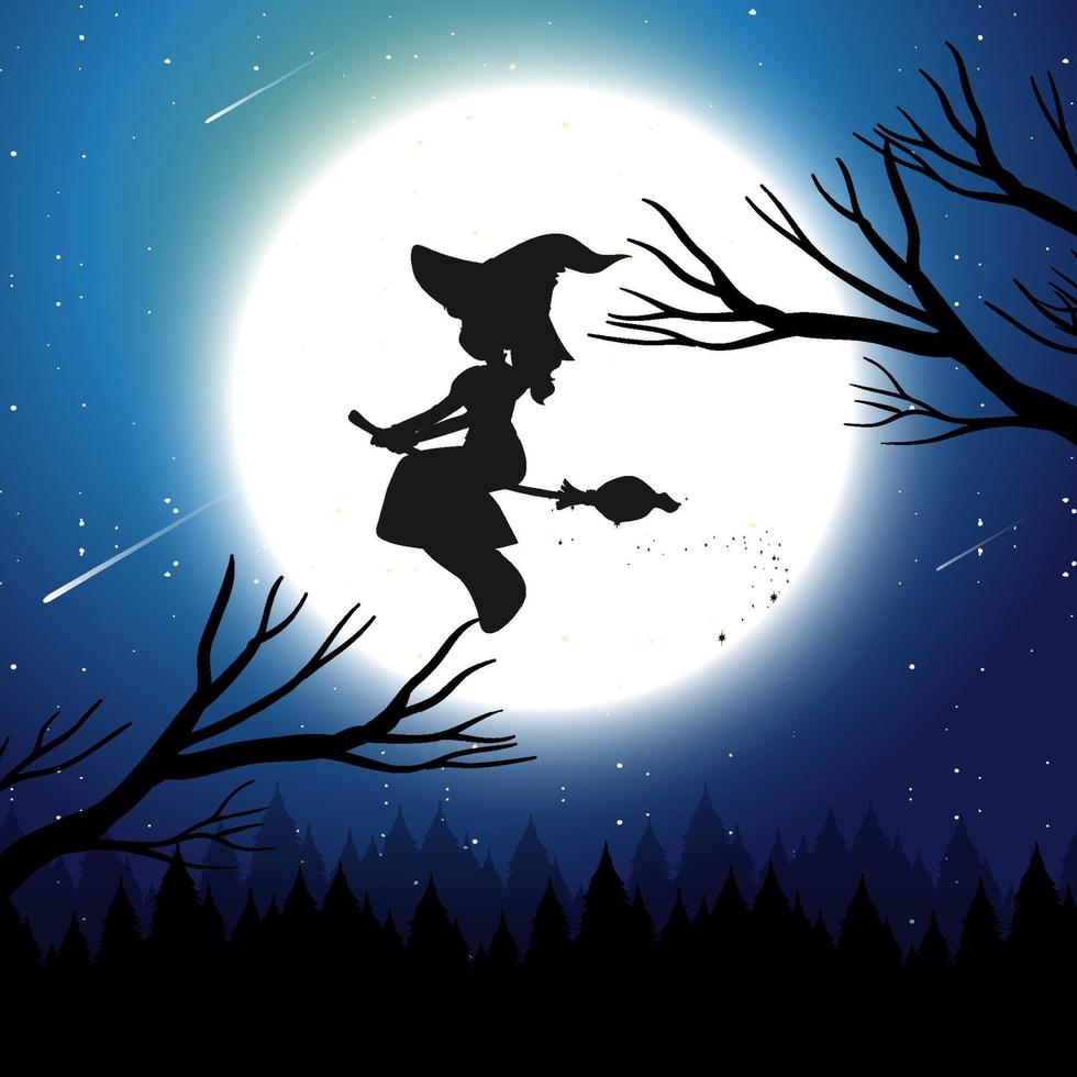 Halloween night background with witch silhouette vector