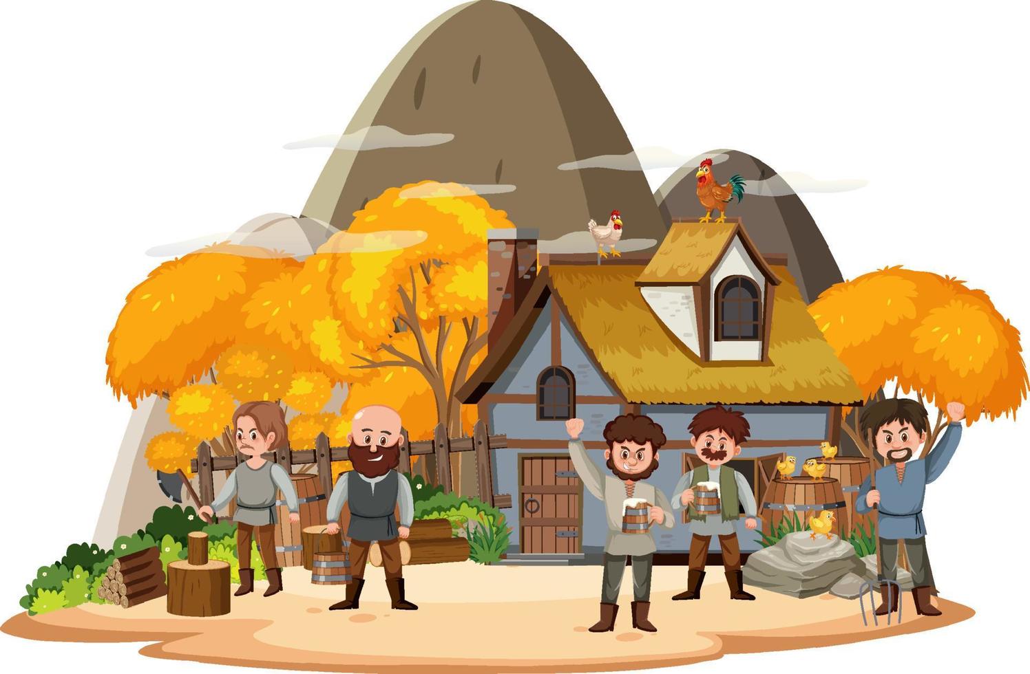 Farmhouse with villagers on white background vector