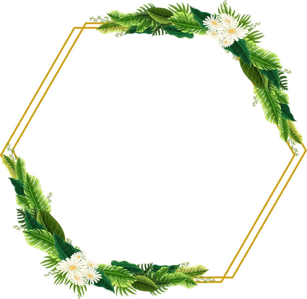 Hexagon frame with tropical green leaves vector