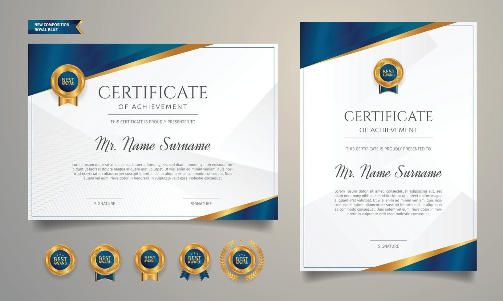 Blue and gold certificate with golden badges A4 template vector