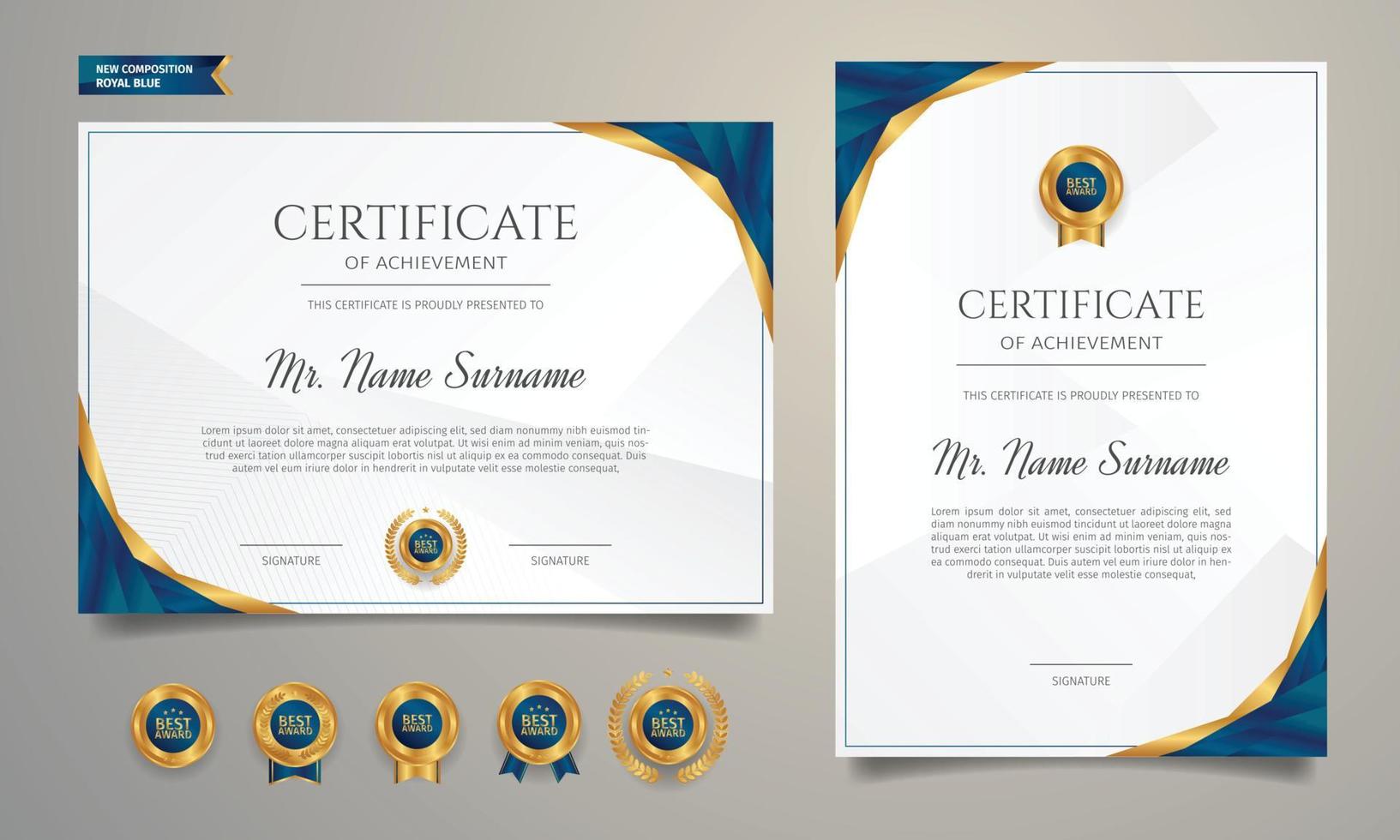 Blue and gold certificate of appreciation border template with badges vector