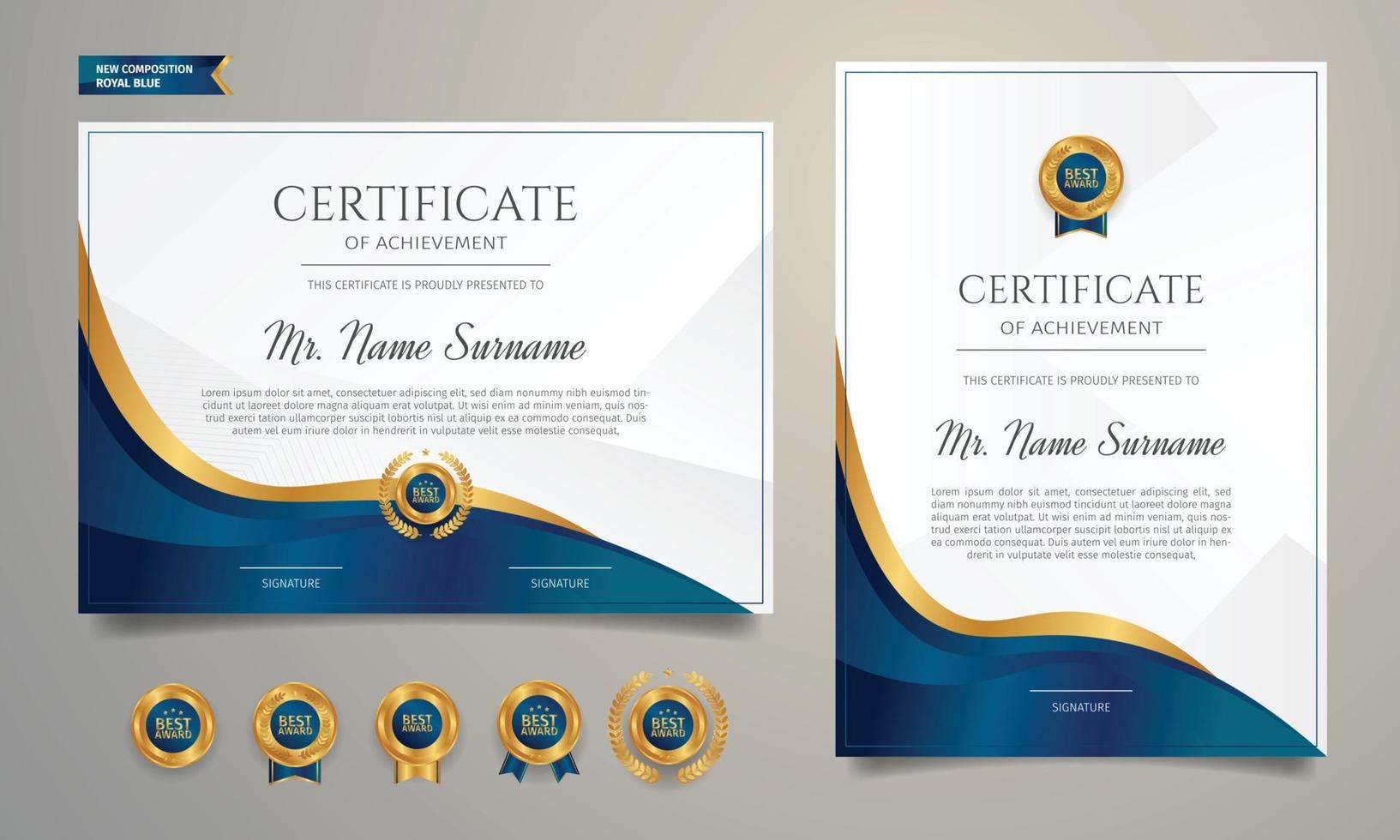 Blue and gold certificate of achievement template vector