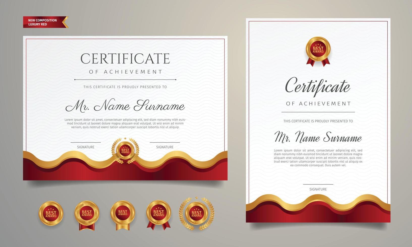 Certificado de diploma dorado y rojo de lujo con insignia y plantilla de borde vector