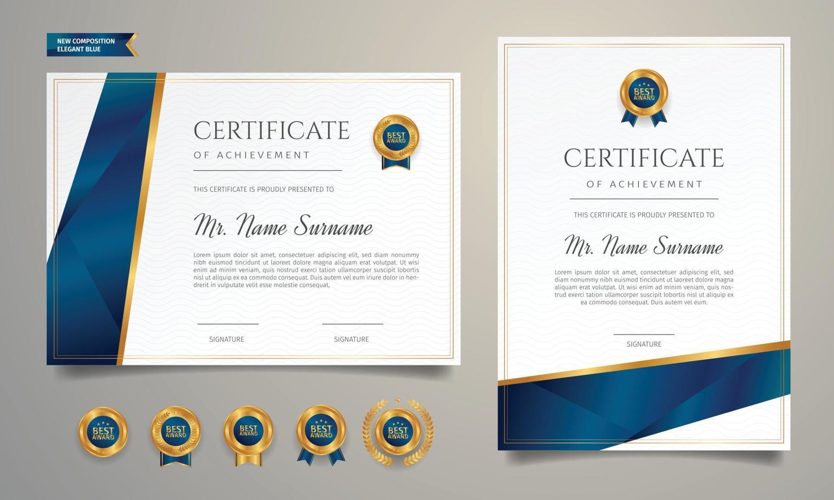 Diploma azul y dorado certificado de plantilla de borde de apreciación con insignias vector