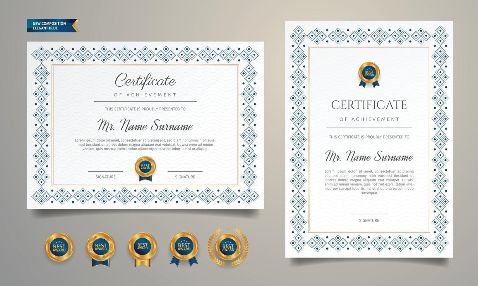 Blue certificate border template with golden badges 22 Vector Inside Award Certificate Border Template