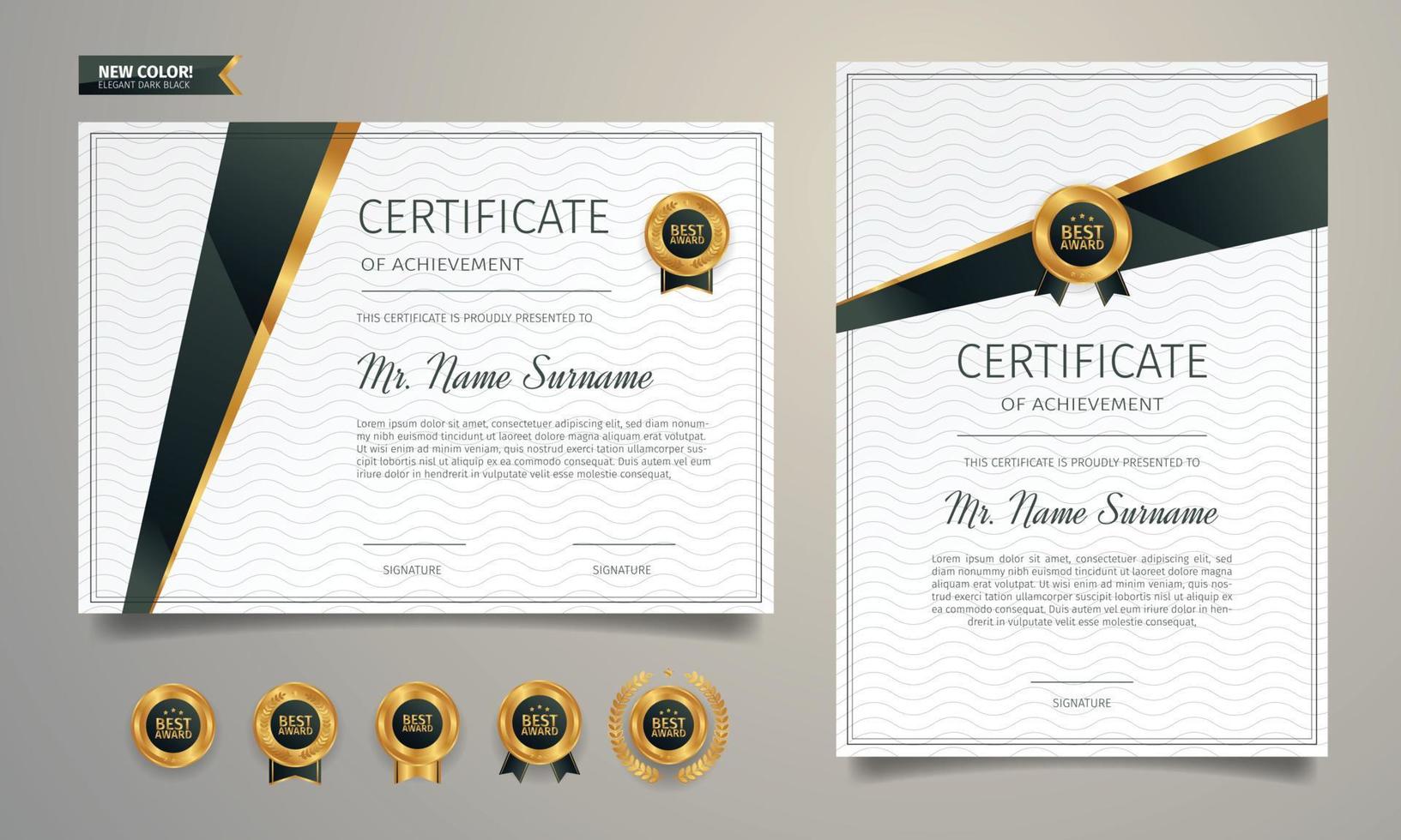 Black diploma certificate template with golden badge vector