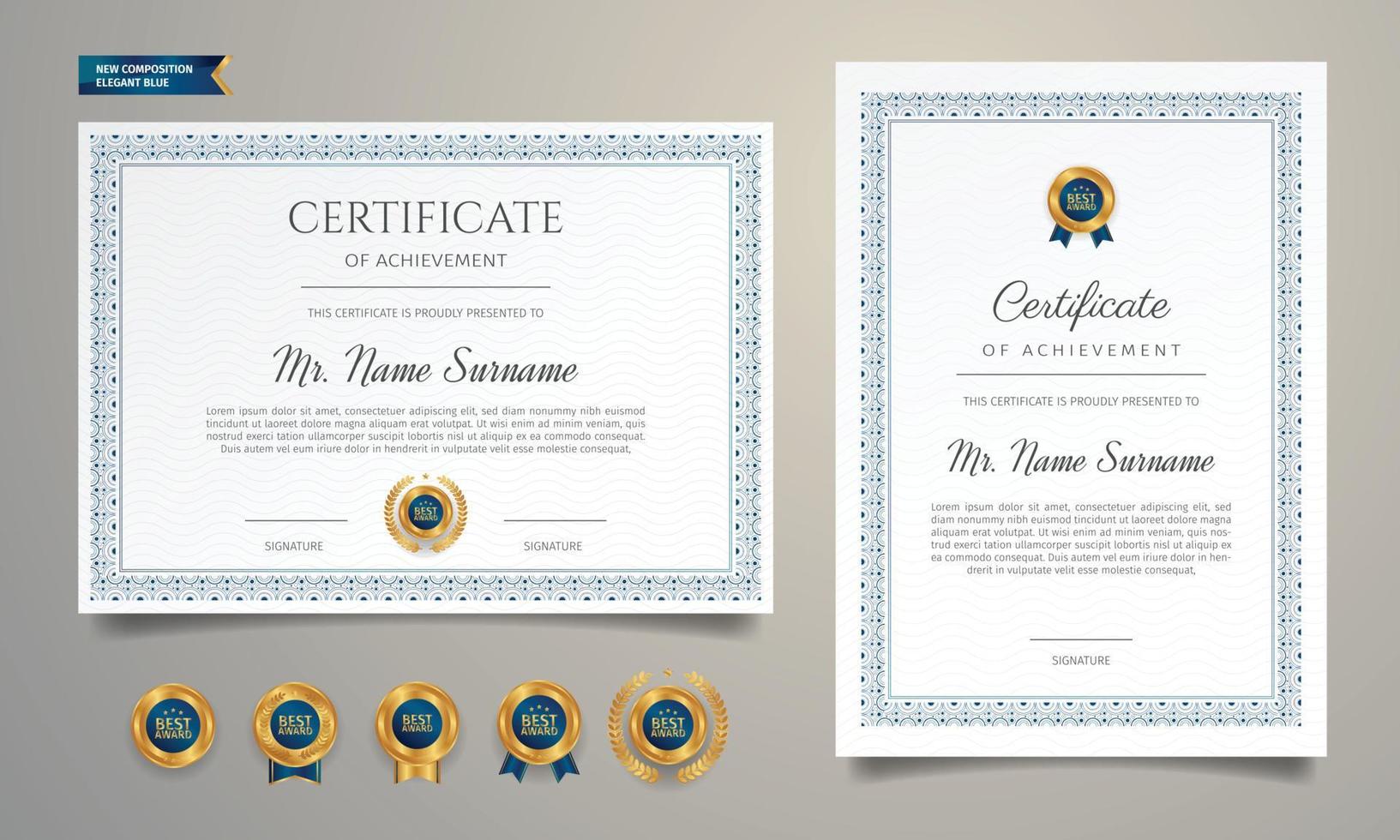 Diploma certificate border template with blue and golden badges