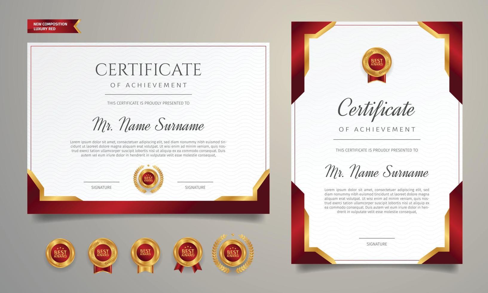 Certificado de plantilla de premio, color dorado y rojo con insignias. vector