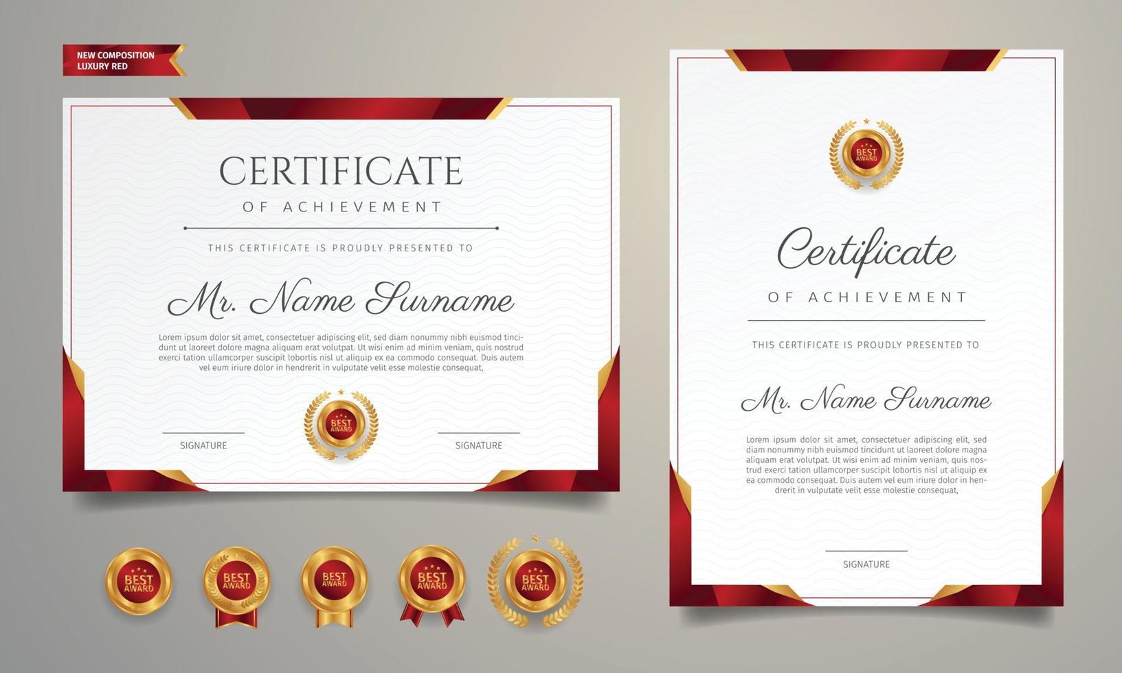 Premium diploma certificate of achievement template with gold and red badges vector