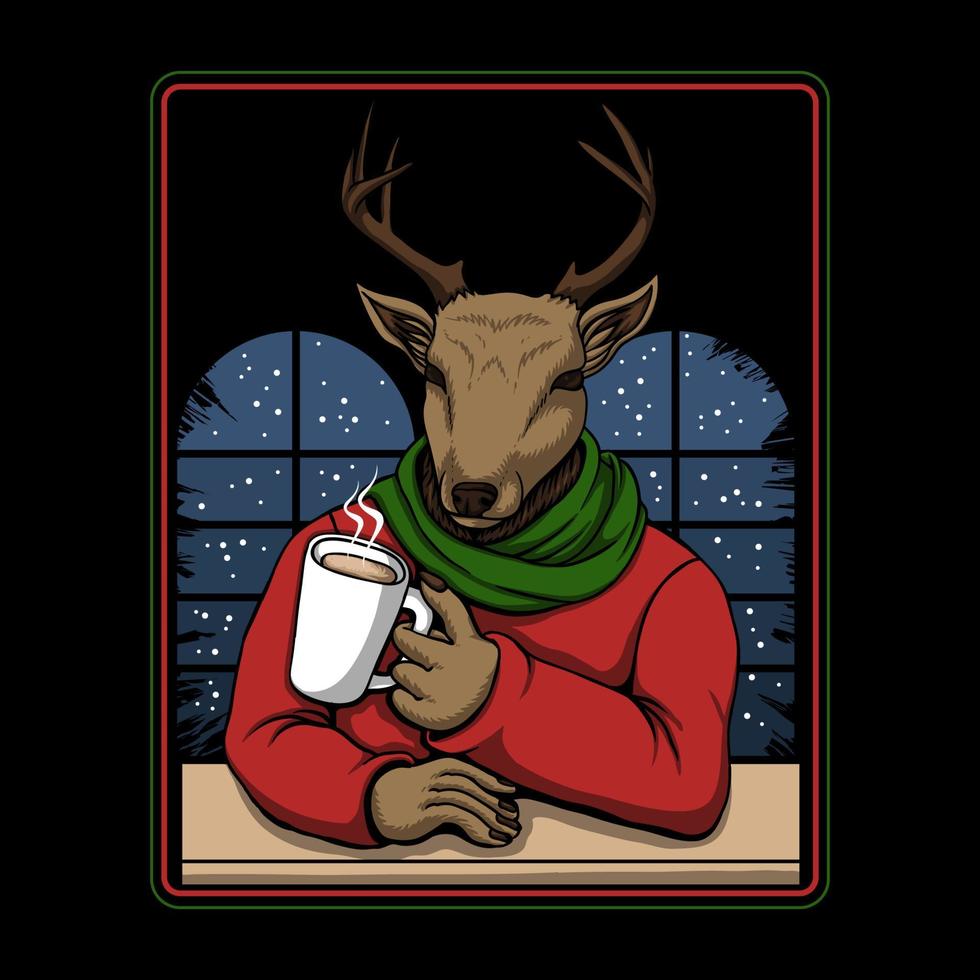 deer drinking coffee merry christmas vector illustration