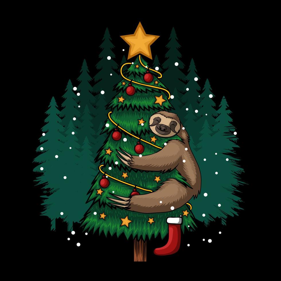 sloth hugging tree merry christmas vector illustration