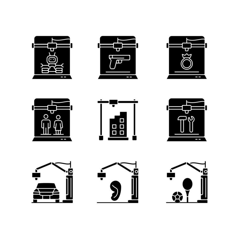 Proceso de impresión 3D iconos de glifos negros en espacio en blanco vector