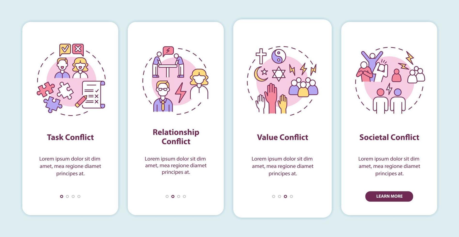 Conflict types onboarding mobile app page screen vector