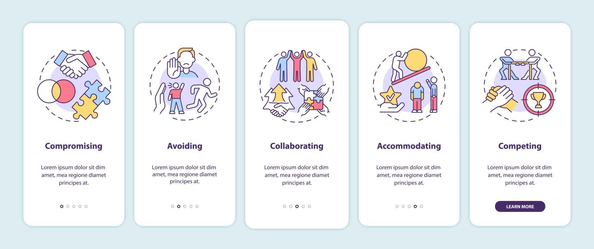 Conflict resolution strategies onboarding mobile app page screen vector