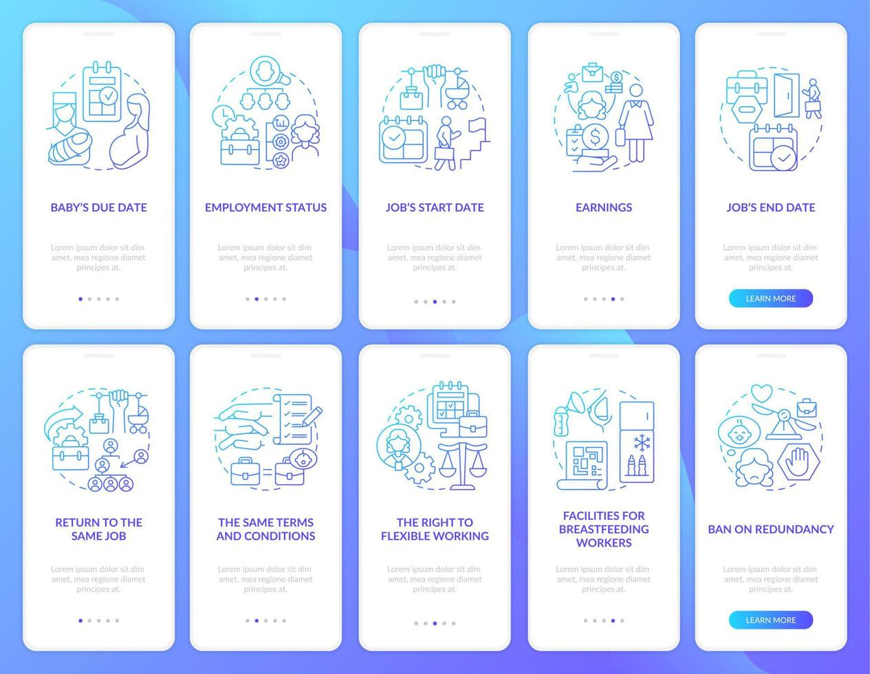 Maternity leave related blue gradient onboarding mobile app page screen set vector