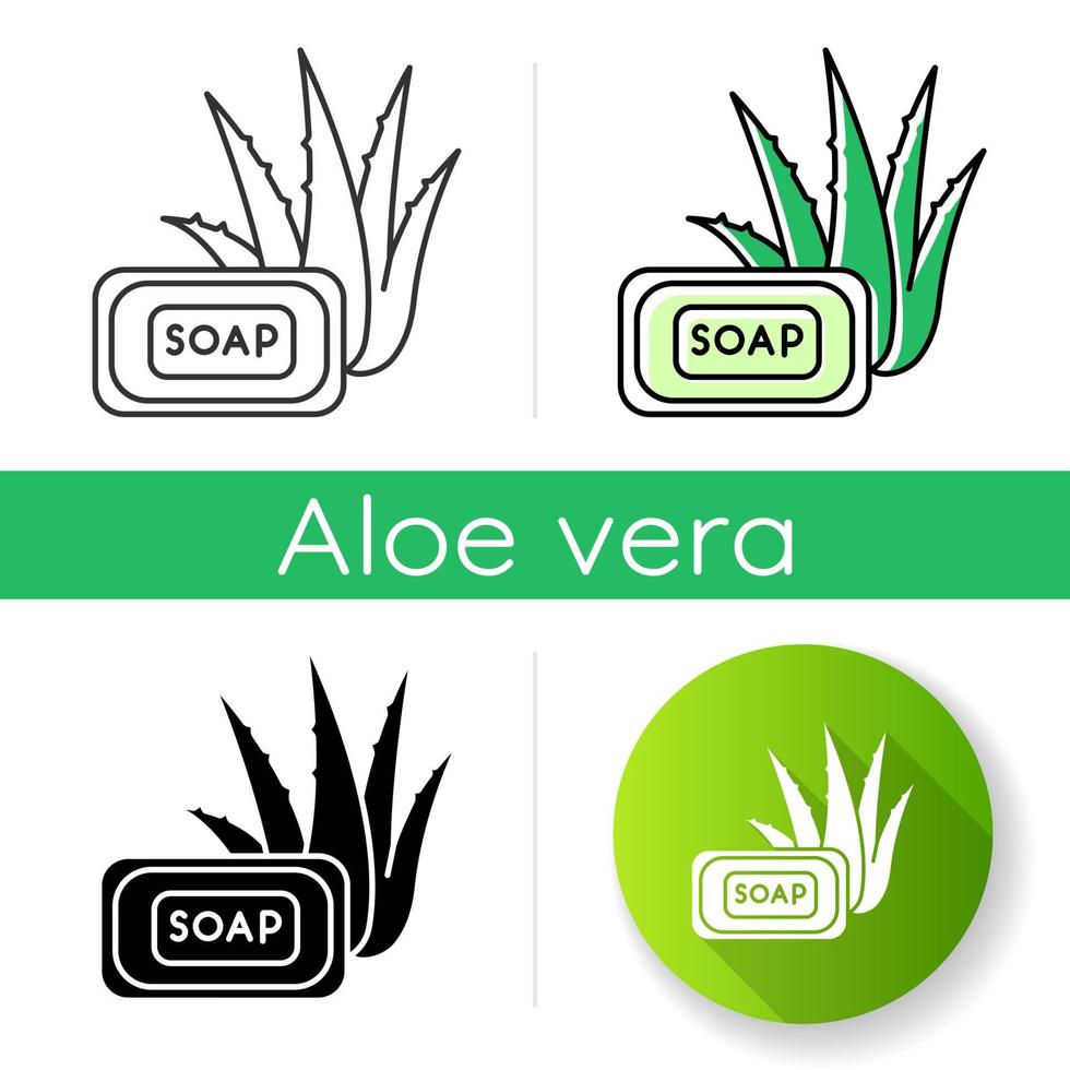 Aloe vera soap icon. Organic bathing product. Natural cosmetic for personal hygiene. Plant based product. Dermatology and skincare. Linear black and RGB color styles. Isolated vector illustrations