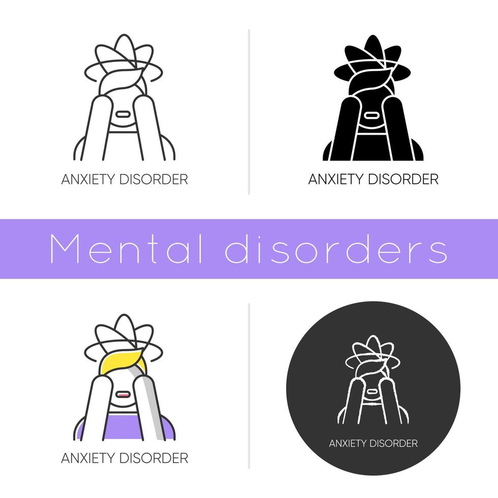 Anxiety disorder icon. Fear and worry. Panic attack. Distress. Headache and migraine. Mental problem. Stress and tension. Flat design, linear and color styles. Isolated vector illustrations