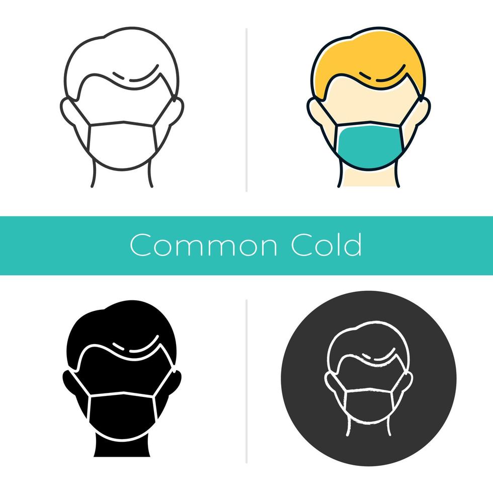 Disposable medical mask icon. Common cold. Influenza prevention. Flu precaution. Contagious disease. Medical worker. Healthcare. Flat design, linear and color styles. Isolated vector illustrations
