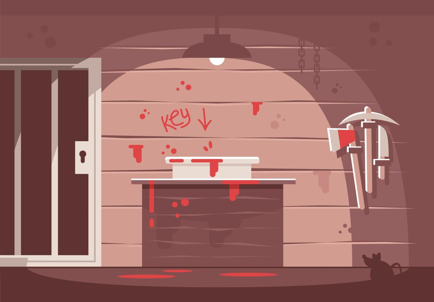 Horror themed escape room flat vector illustration. Prison cell and blood inscription on wall. Searching solution, crime investigation, solving mysteries. Quest room with hint. Modern entertainment