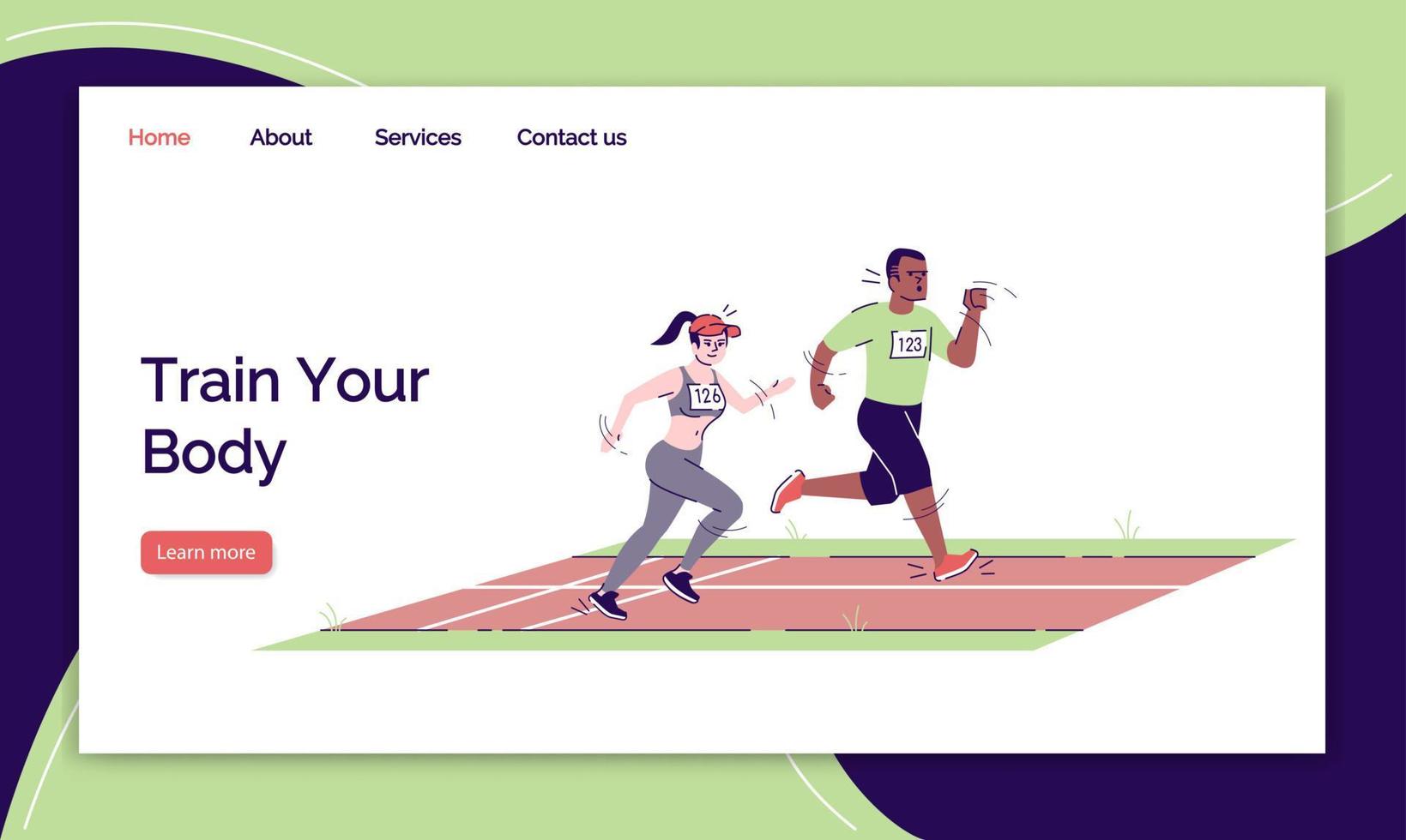 entrena la plantilla de vector de página de destino de tu cuerpo. Ejecución de la idea de la interfaz del sitio web de competiciones con ilustraciones planas. diseño de la página de inicio de la actividad deportiva. banner web de carrera de resistencia, concepto de dibujos animados de página web