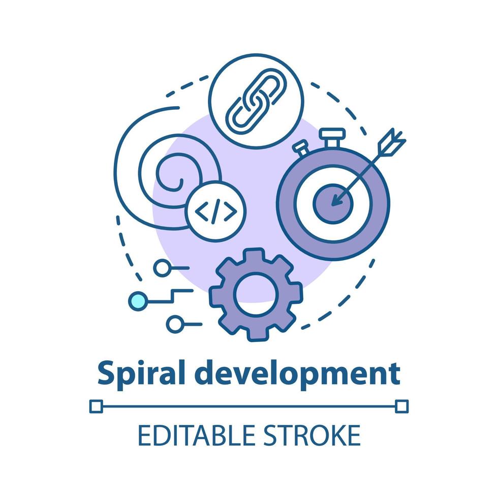 Spiral development concept icon. Strategy management. Planning and achieving goal. Software system engineering idea thin line illustration. Vector isolated outline drawing. Editable stroke