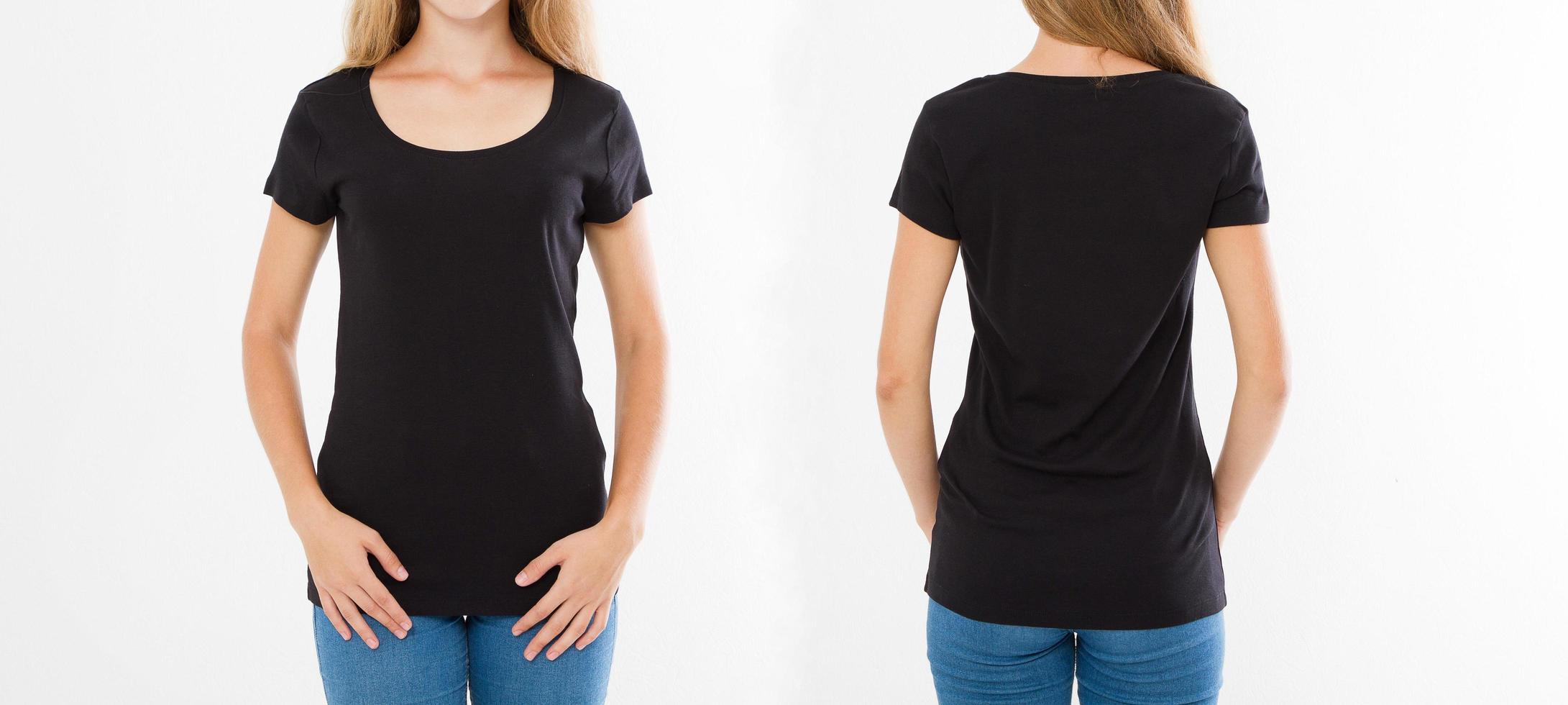 Front and back views of young caucasian girl woman in stylish t-shirt on white background. Mock up for design. Copy space. Template. Blank photo