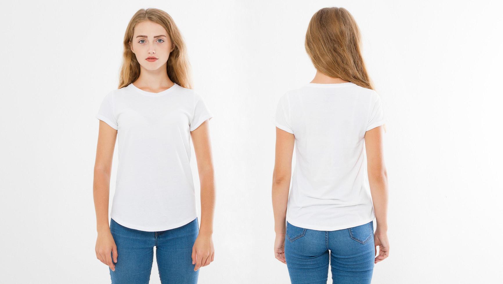 Front and back views of young caucasian girl woman in stylish t-shirt on white background. Mock up for design. Copy space. Template. Blank photo