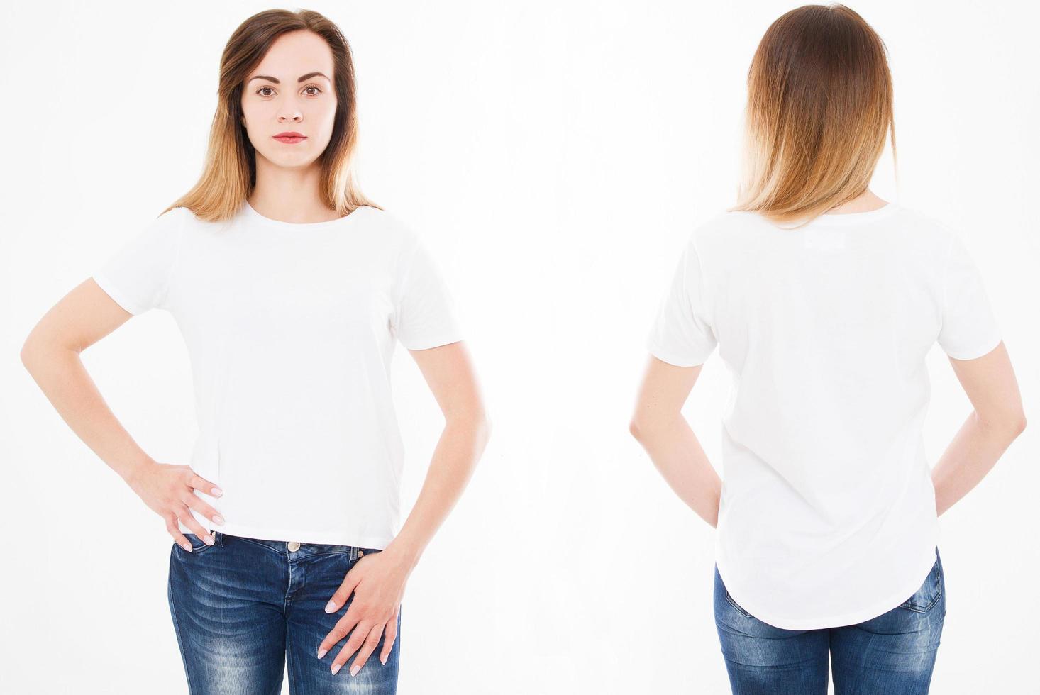 Vistas frontal y posterior de la joven mujer sexy en elegante camiseta sobre fondo blanco. maqueta para el diseño. copie el espacio. plantilla. blanco foto