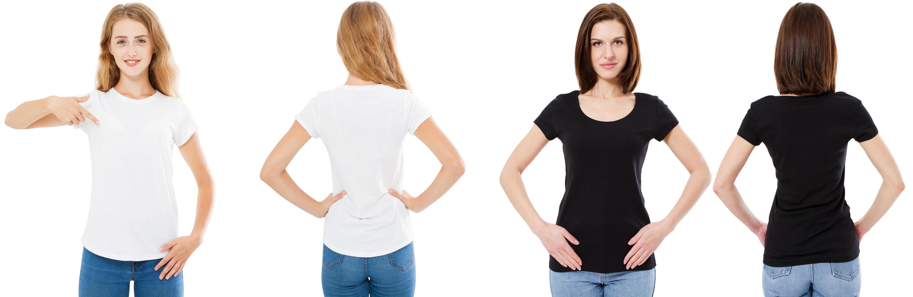 T-shirt set. Front and back view Brunette and Blonde in white and black t shirt isolated. Two girl in blank shirt, Mock up, Collage, Copy space, Template photo