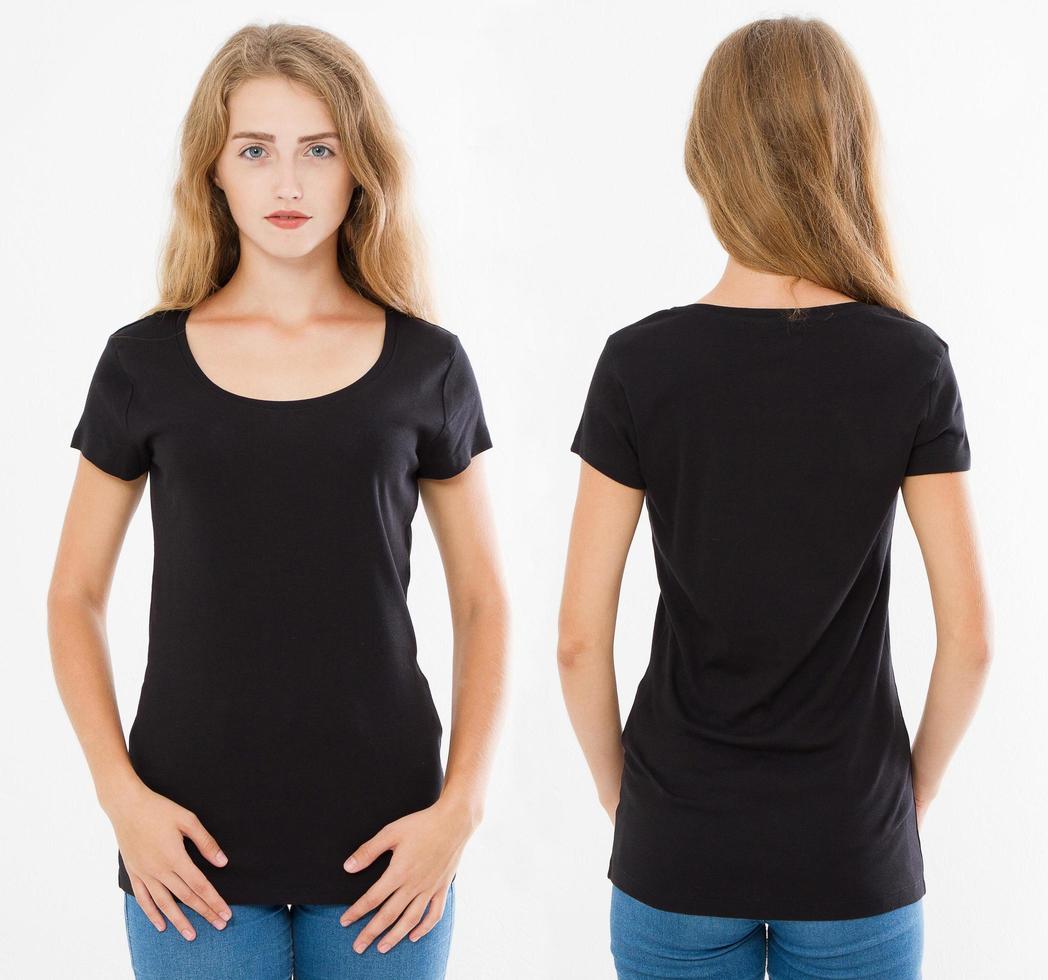 Conjunto en blanco de camiseta negra, mujer en camiseta aislada