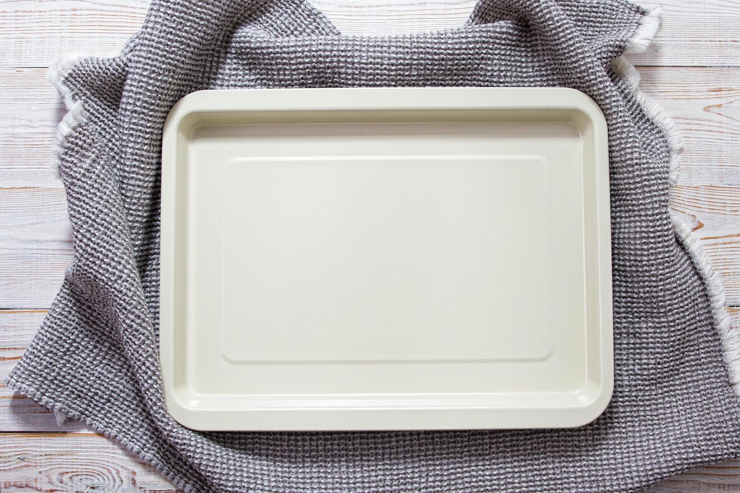 Empty food board close up, empty tray on table top view photo