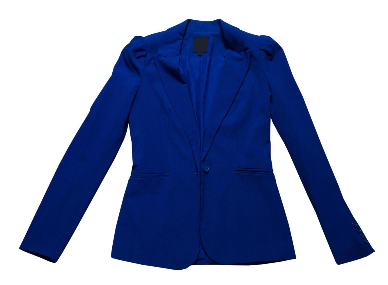 Close up female blue suit on isolated on white background, blue jacket closeup photo
