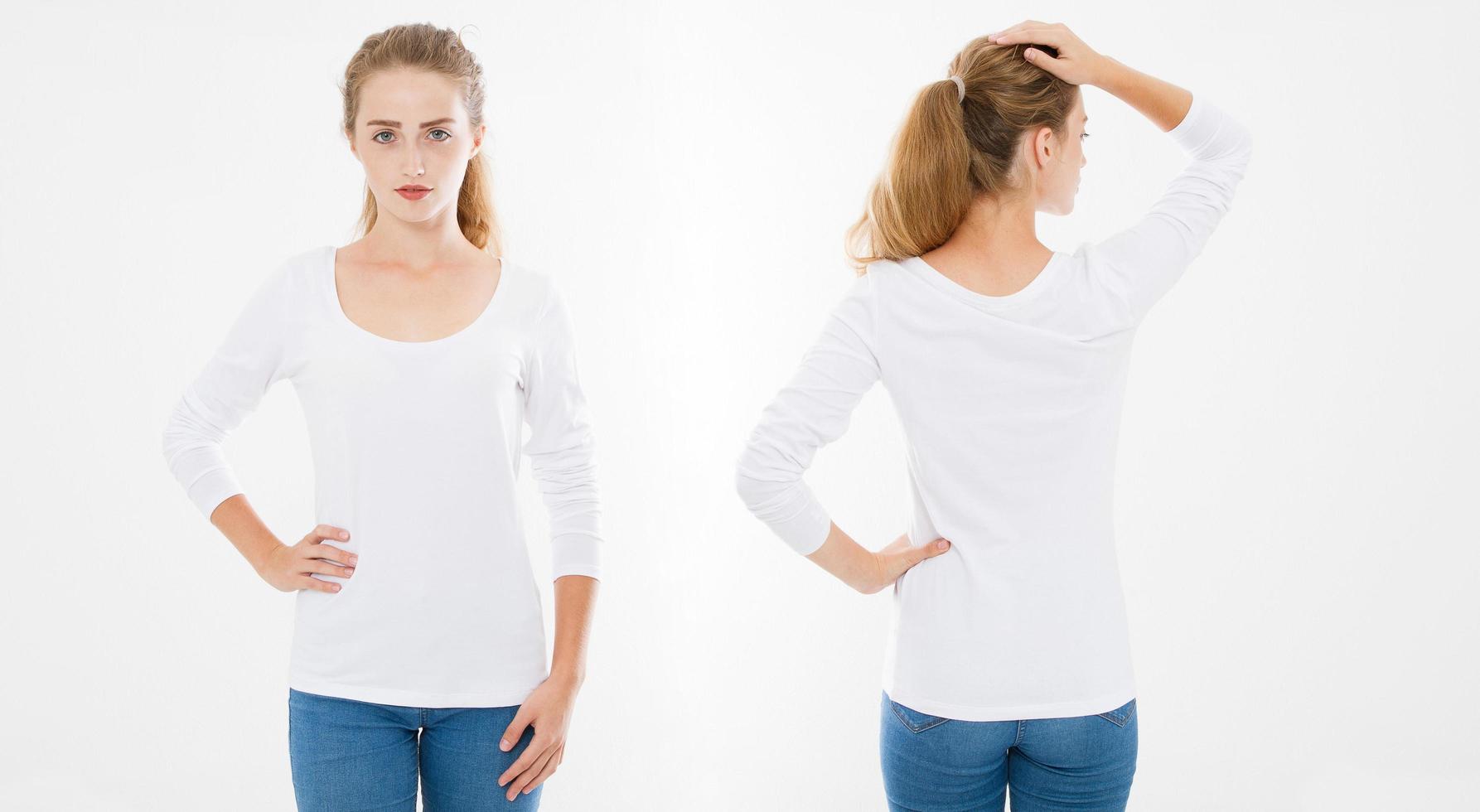Vistas frontal y posterior de una mujer joven caucásica en elegante camiseta sobre fondo blanco. maqueta para el diseño. copie el espacio. plantilla. blanco foto