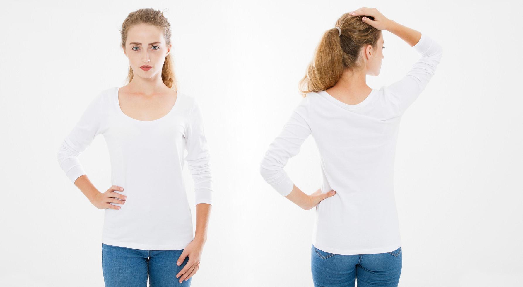 Front and back views of young caucasian girl woman in stylish t-shirt on white background. Mock up for design. Copy space. Template. Blank photo