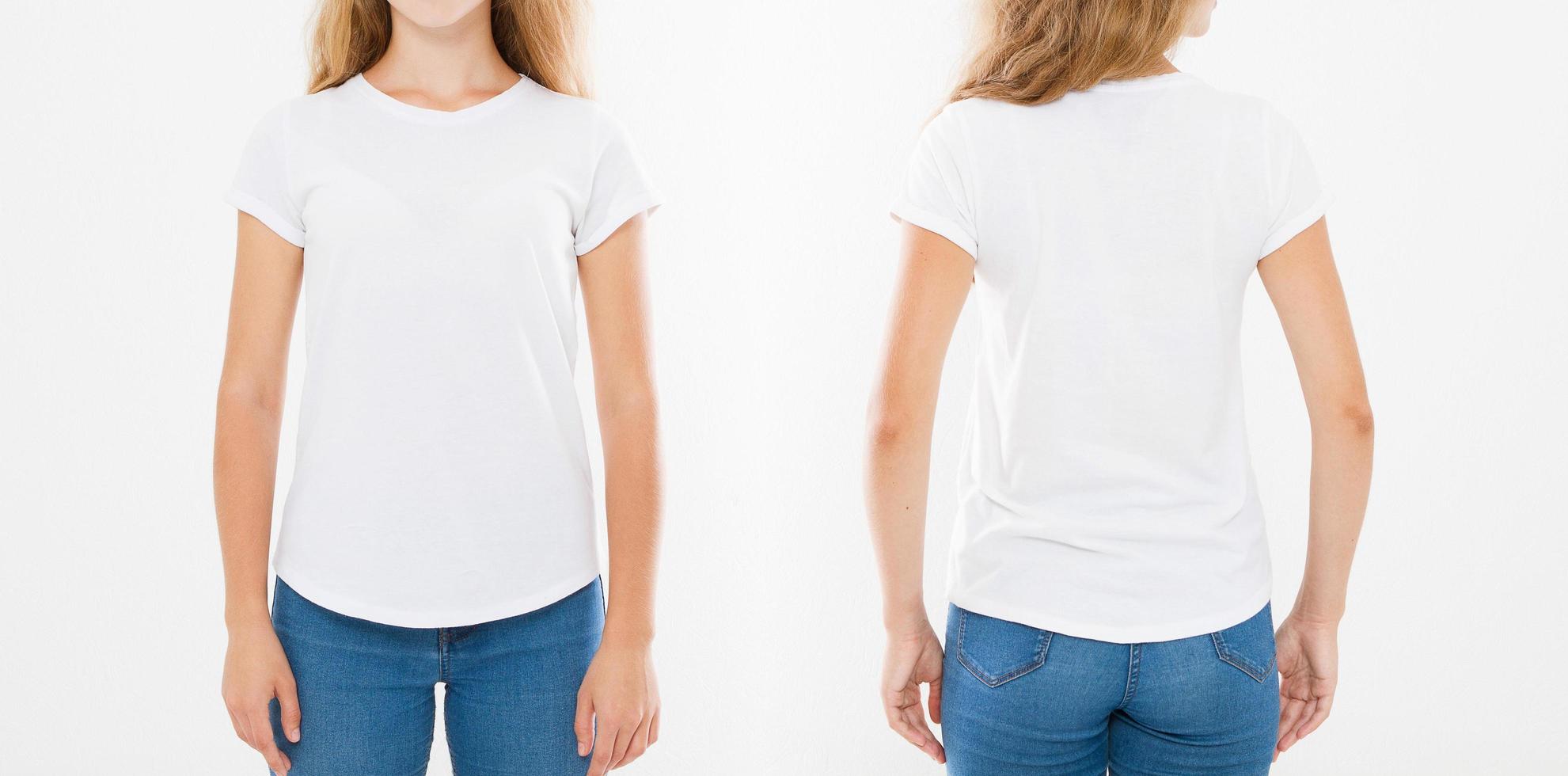 Front and back views of young caucasian girl woman in stylish t-shirt on white background. Mock up for design. Copy space. Template. Blank photo