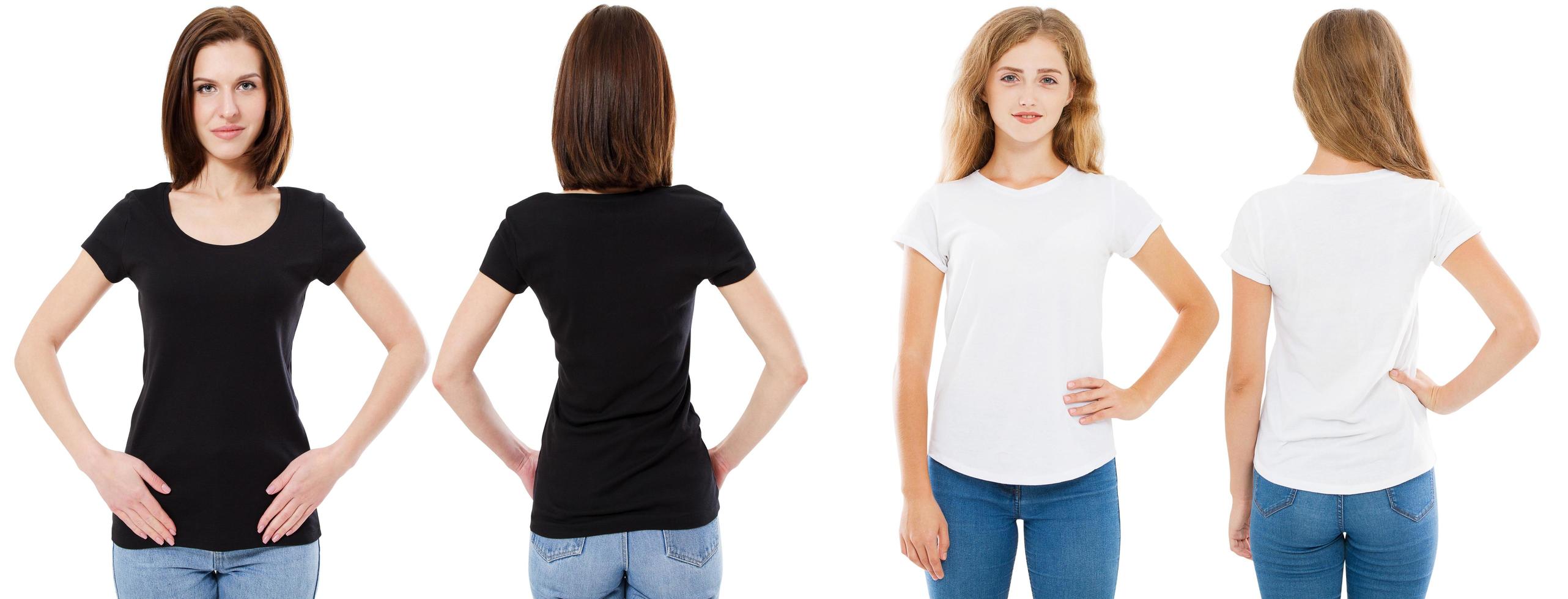 conjunto de camiseta. Vista frontal y posterior morena y rubia en camiseta blanca y negra aislada. dos niñas en camisa en blanco, maqueta, collage, espacio de copia, plantilla foto