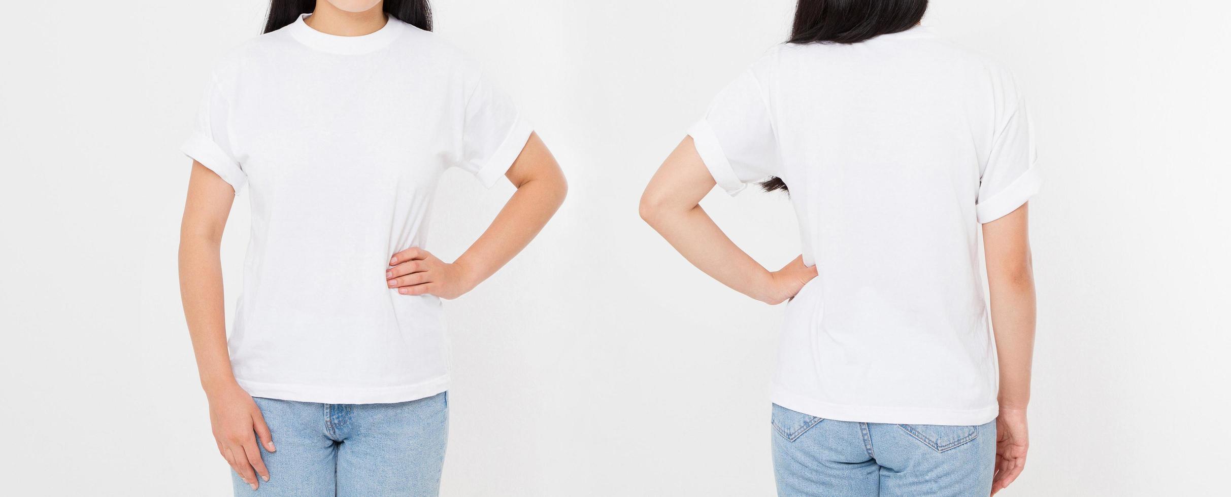 Front and back views of young asian japanese girl woman in stylish t-shirt on white background. Mock up for design. Copy space. Template. Blank photo