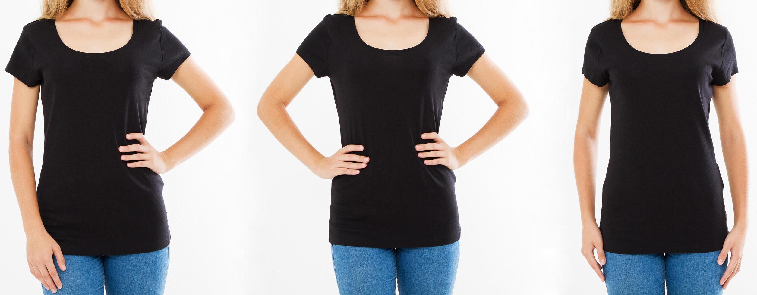 cropped portrait,set front views three women in black t-shirt, woman in tshirt isolated, blank photo