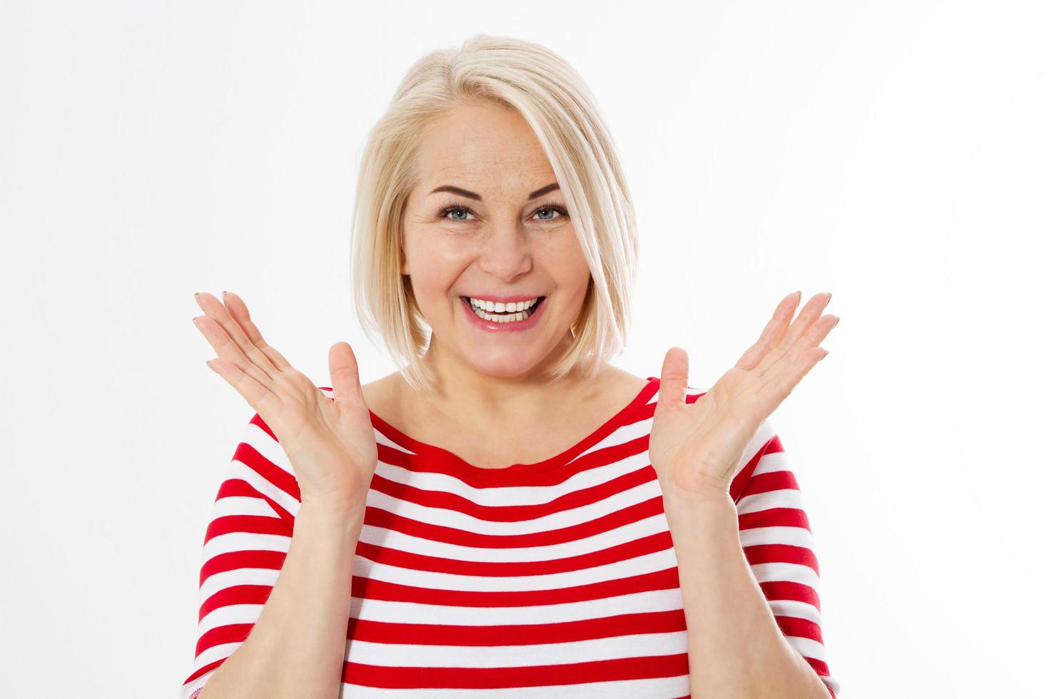 Beautiful charming woman on a white background close up portrait. Happy emotional summer woman portrait in isolation photo