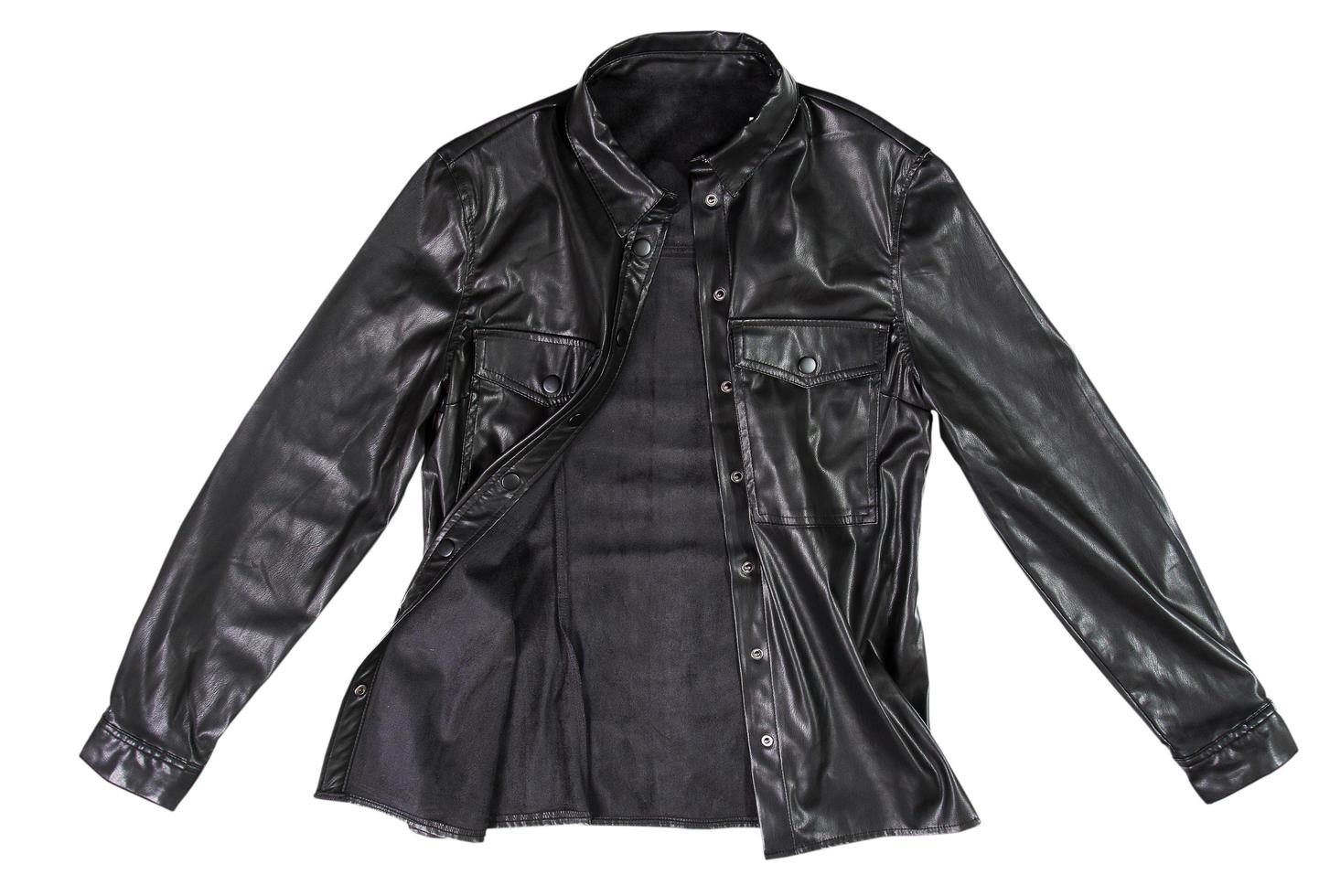 Black leather jacket isolated on white background. Classic modern leather jacket photo