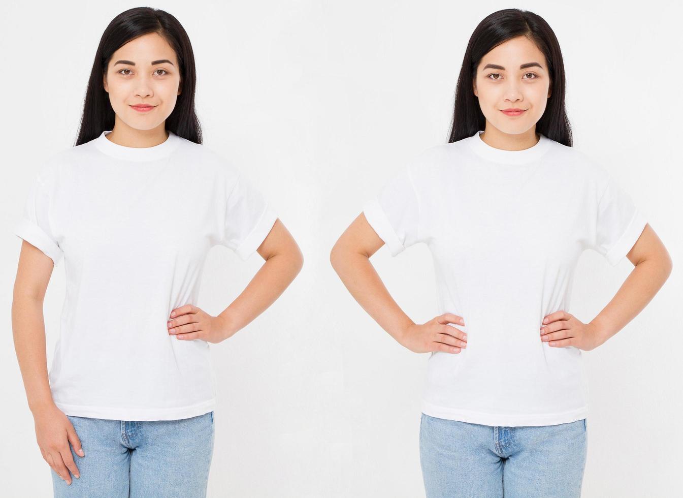 Front views of young asian, korean sexy woman in stylish t-shirt on white background. Mock up for design. Copy space. Template. Blank photo