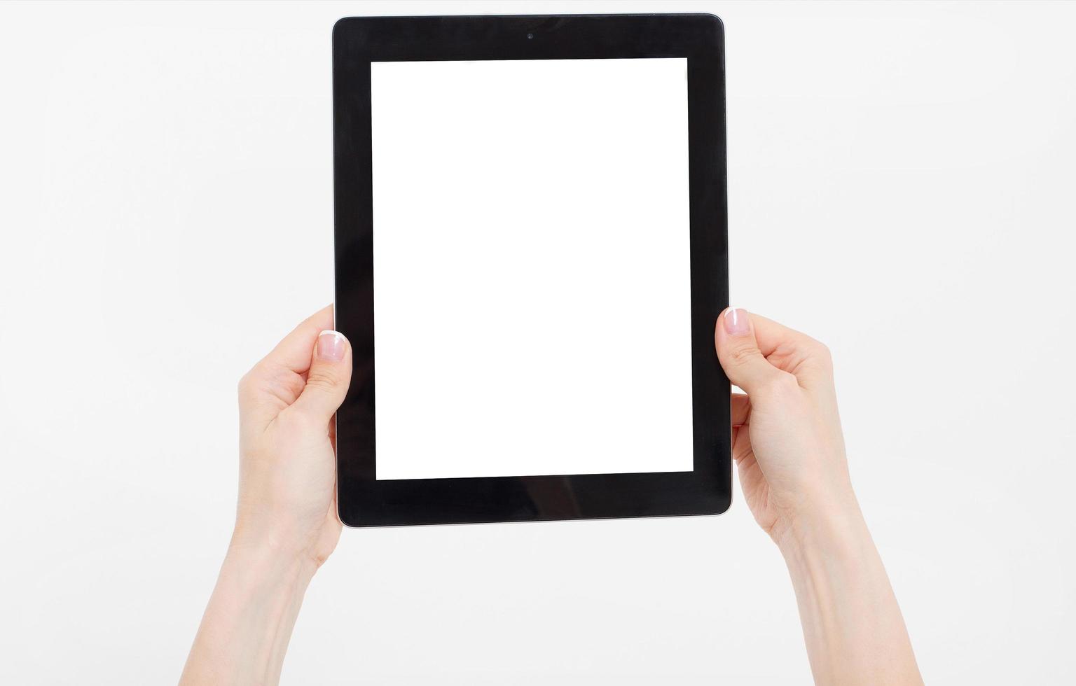 Hand holding black tablet isolated on white clipping path inside. Top view.Mock up.Copy space.Template.Blank. photo