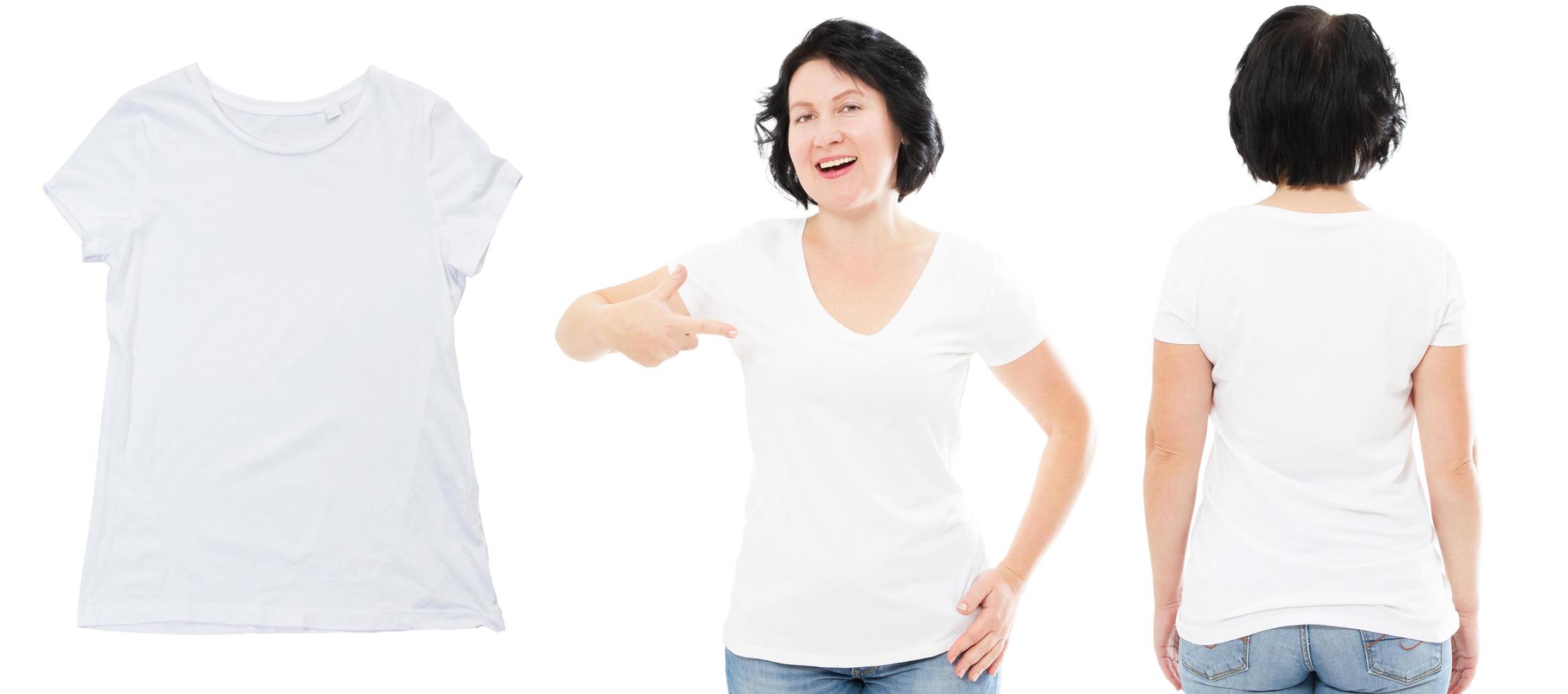 Conjunto de camiseta blanca de mujer, espacio de copia aislado de primer plano de camiseta blanca, diseño de camiseta y concepto de personas - de cerca foto