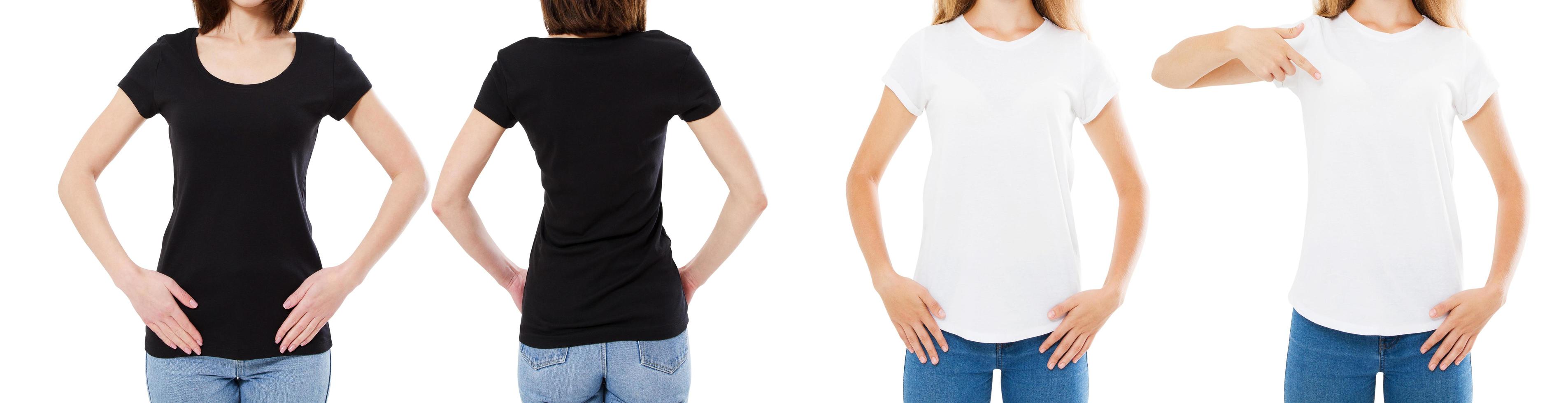 Woman In White And Black T Shirt Isolated Front And Rear Views Cropped image Blank T-shirt Options, Girl In Tshirt Set. Mock Up. Shirt Design And People Concept. photo