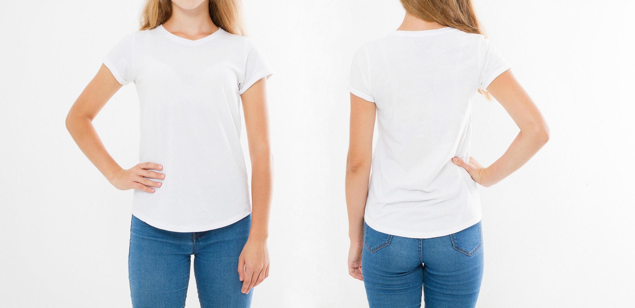 Front and back views of young caucasian girl woman in stylish t-shirt on white background. Mock up for design. Copy space. Template. Blank photo