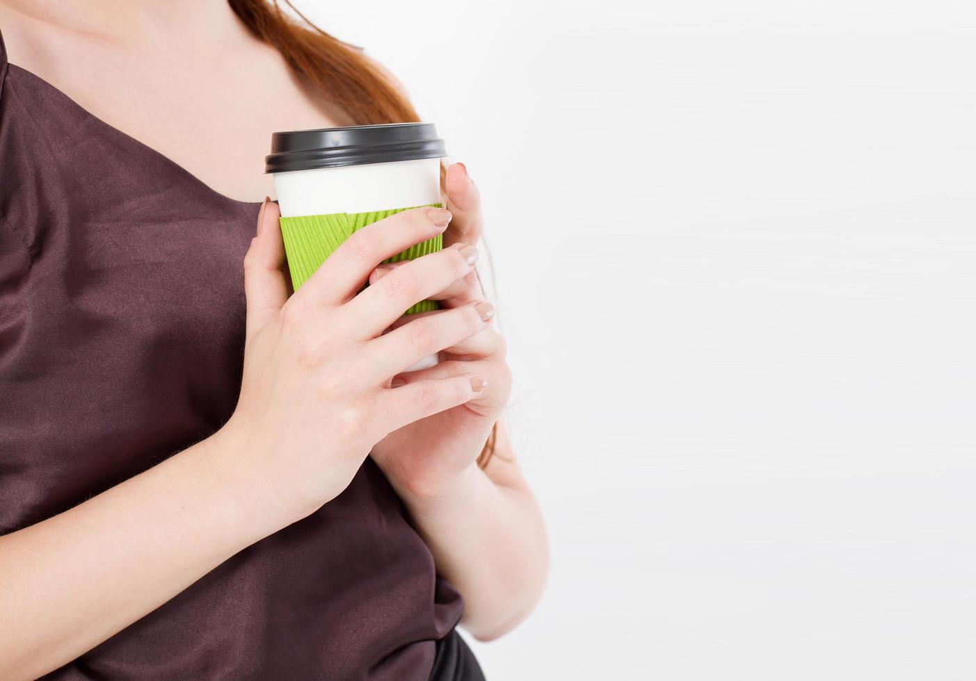 Girl with coffee cup, woman holding hot cup coffee isolated on white background copy space. Morning drink. Top view, Mock up, Copyspace Template Blank photo