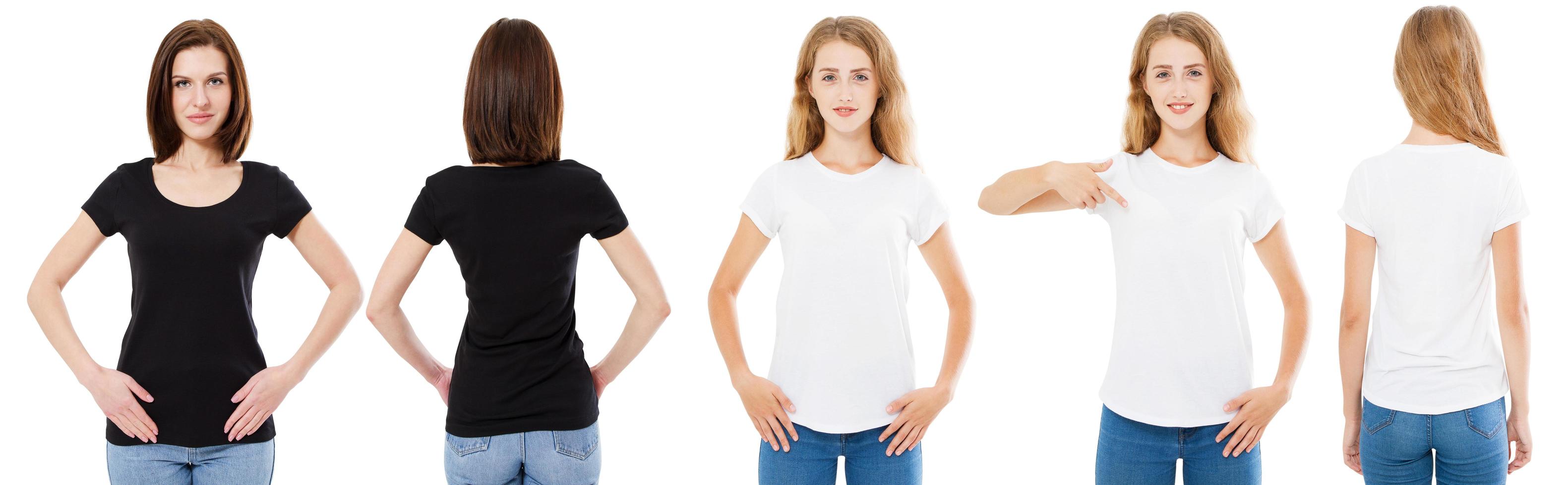 T-shirt set. Front and back view Brunette and Blonde in white and black t shirt isolated. Two girl in blank shirt, Mock up, Collage, Copy space, Template photo